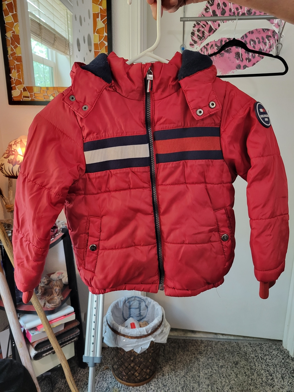 Tommy Hilfiger Red Puffer Jacket with Navy & White Stripes